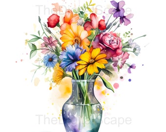 Watercolor Flower Vase Clipart – High-Quality Floral JPGs (Digital Download)