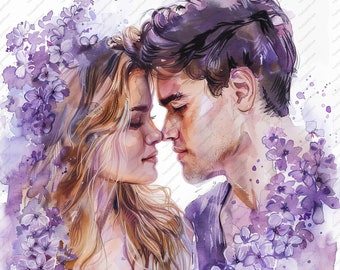 May include: A watercolor painting of a couple in love, with their foreheads touching. They are surrounded by purple flowers.