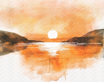 Watercolor Lake Sunset Clipart, Scenic Landscape JPGs (Digital Download)