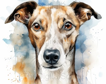 May include: Watercolor painting of a brown and white dog with a blue and orange watercolor background.