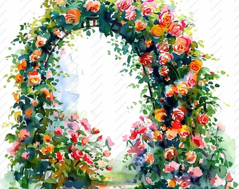 May include: A watercolor painting of a garden archway covered in pink, red, orange, and yellow roses. The archway is surrounded by green foliage and other flowers.