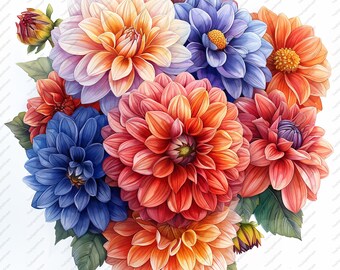 May include: A bouquet of colorful dahlias in shades of pink, orange, red, and blue. The flowers are arranged in a loose, natural style, with some of the petals overlapping.
