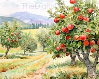 10 imágenes prediseñadas de huertos de manzanas en acuarela: archivos JPG para uso comercial (descarga digital)