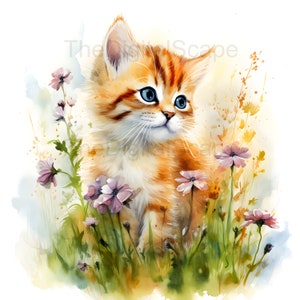 May include: A watercolor painting of a ginger kitten with blue eyes sitting in a field of pink flowers. The kitten is looking to the right of the image.