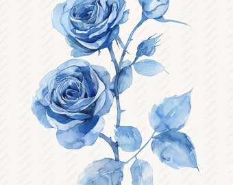 青いバラの水彩画クリップアート：花のJPG画像（商用利用） - Etsy 日本