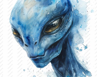 May include: A watercolor painting of a blue alien with large eyes and a textured skin. The alien's head is tilted slightly to the side, and its expression is serious. The background is a light blue with white splatters.