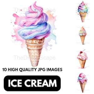May include: A set of 10 high-quality digital images featuring watercolor illustrations of ice cream cones. The ice cream is in various colors, including pink, blue, green, and yellow. The cones are all in a classic waffle cone shape.