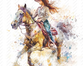 10 Cowgirl Horse Riding Clipart: Watercolor Western Art (Commercial Use, Instant Download)