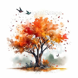 Puede incluir: Pintura acuarela de un árbol con hojas naranjas, rojas y amarillas. Los pájaros vuelan alrededor del árbol y algunas hojas caen de las ramas.