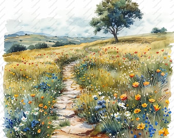May include: A watercolor painting of a winding stone path through a field of wildflowers. The path leads to a lone tree on a hilltop. The flowers are in shades of yellow, orange, blue, and white.