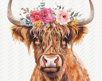 May include: A brown and white Highland cow with long, shaggy hair wearing a flower crown. The crown is made of pink, red, and white flowers with green leaves.