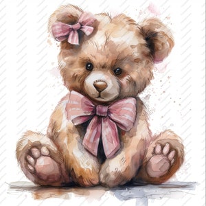 10 clipart di orsetti con fiocco rosa - JPG di alta qualità, album di ritagli, artigianato digitale, pianificatori digitali, diario spazzatura, commerciale, download istantaneo