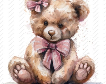 May include: A watercolor painting of a brown teddy bear wearing a pink bow. The bear is sitting with its paws in front of it and has a sweet expression on its face.