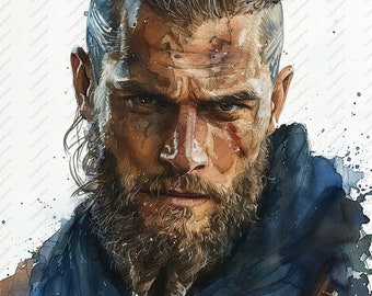 May include: A watercolor painting of a man with a beard and braided hair. He has a serious expression on his face and is wearing a blue shirt. The background is white with some watercolor splatters.