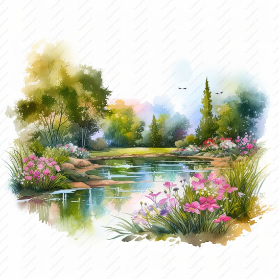 田舎の池のクリップアート：水彩風景画（デジタルダウンロード