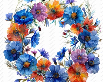 May include: A watercolor painting of a wreath made of blue, orange, and purple flowers. The flowers are arranged in a circle and have a white background.