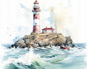 Watercolor Lighthouse Clipart – Coastal JPG Images (Commercial Use)