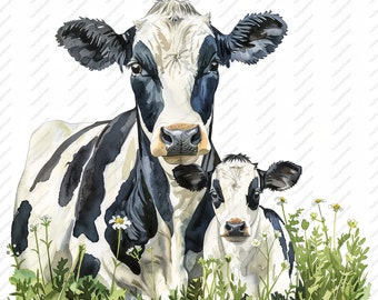 May include: A black and white cow and calf stand in a field of green grass and white flowers. The cow is looking directly at the viewer, while the calf is looking to the side. The cow has a black nose and black hooves.