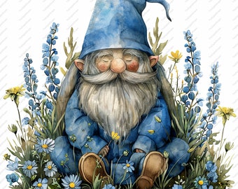 May include: A watercolor painting of a gnome sitting in a field of blue and yellow flowers. The gnome is wearing a blue hat and a blue outfit. The gnome has a white beard and closed eyes.