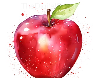 May include: A red apple with a green leaf on top, painted in a watercolor style with a white background and red splatter paint.