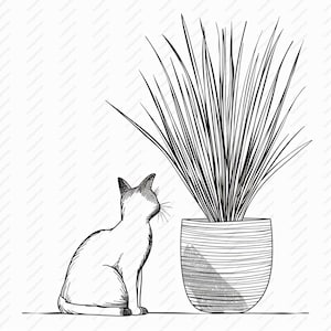 10 dessins au trait simple chat et plante assis - 10 fichiers JPG de haute qualité, albums de coupures, créations numériques, agendas numériques, journal indésirable, téléchargement immédiat