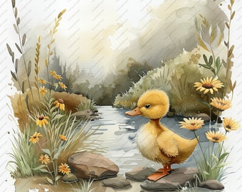 May include: A yellow duckling stands on a rock by a stream. The duckling is facing left and has a fluffy yellow body. The stream is surrounded by green foliage and brown rocks. The background is a watercolor painting of a forest.