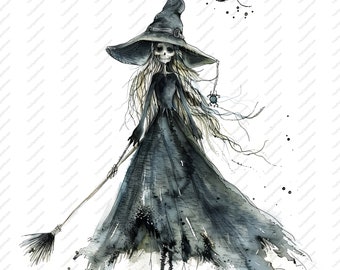 May include: A watercolor illustration of a skeletal witch wearing a black dress and a pointed black hat with a spider charm. She is holding a broom in her right hand and her long hair is flowing in the wind.