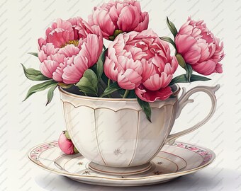 May include: A white teacup and saucer with a gold trim, filled with pink peonies. The teacup has a scalloped edge and a star design.
