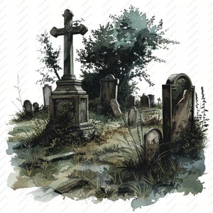 10 imágenes prediseñadas de cementerio abandonado, imágenes prediseñadas de acuarela imprimibles, JPG de alta calidad, descarga digital, alta resolución, artesanía de papel, diario basura