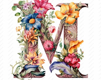 Clipart floreale con lettera M – Stampa dell'alfabeto di alta qualità (download digitale)