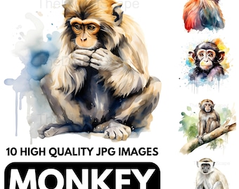 Clipart małpy – akwarelowa sztuka zwierzęca, do użytku komercyjnego (10 plików JPG)