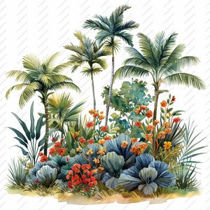 Könnte beinhalten: Aquarellillustration einer tropischen Szene mit Palmen, üppigem grünem Laub und leuchtend orangefarbenen und roten Blumen. Das Kunstwerk hat einen weichen, malerischen Stil, vor weißem Hintergrund.