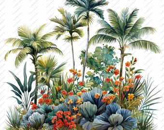 May include: Watercolor illustration of a tropical scene featuring palm trees, lush green foliage, and vibrant orange and red flowers. The artwork has a soft, painterly style, with a white background.