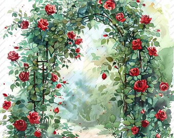 赤いバラのアーチの水彩画クリップアート10点 – 花柄JPG画像（デジタル