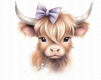 Cute Highland Cow Clipart – Baby Cow with Bow, Commercial Use (JPGs)