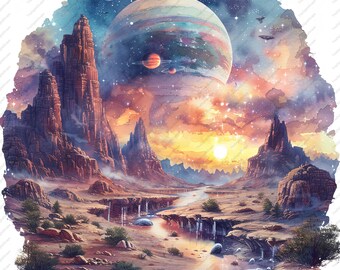 May include: A watercolor painting of a desert landscape with a river flowing through it. The sky is filled with stars and planets, including a large, ringed planet in the upper right corner. The scene is painted in warm, earthy tones.