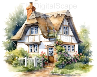 Watercolor Cottage Clipart: Countryside Home Illustration (Digital Download)