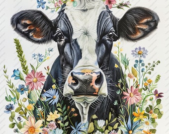 May include: A black and white cow with a floral crown made of pink, blue, yellow, and white flowers. The cow is looking directly at the viewer with a gentle expression.
