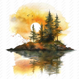 10 Pine Tree eilanden bij zonsondergang clipart - 10 hoge kwaliteit JPG's, plakboeken, digitale ambachtelijke, digitale planners, ongewenste Journal, Instant Download