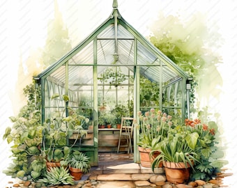 10 Aquarell-Gewächshaus-Cliparts – JPGs im Vintage-Stil (Kommerzielle Nutzung)