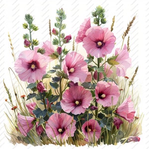10 Pink Hollyhock Flowers Floral Clipart - High Quality JPGs, Scrapbooks, Digital Craft, Digital Planners, Junk Journal, Instant Download