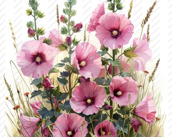 May include: A watercolor painting of pink hollyhock flowers in bloom. The flowers are surrounded by green leaves and tall blades of grass. The background is white.