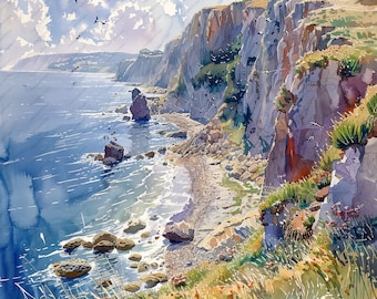 May include: A watercolor painting of a rocky coastline with a blue sky and white clouds. The cliffs are a light brown color and the water is a light blue color. There are some small rocks and seaweed in the foreground.