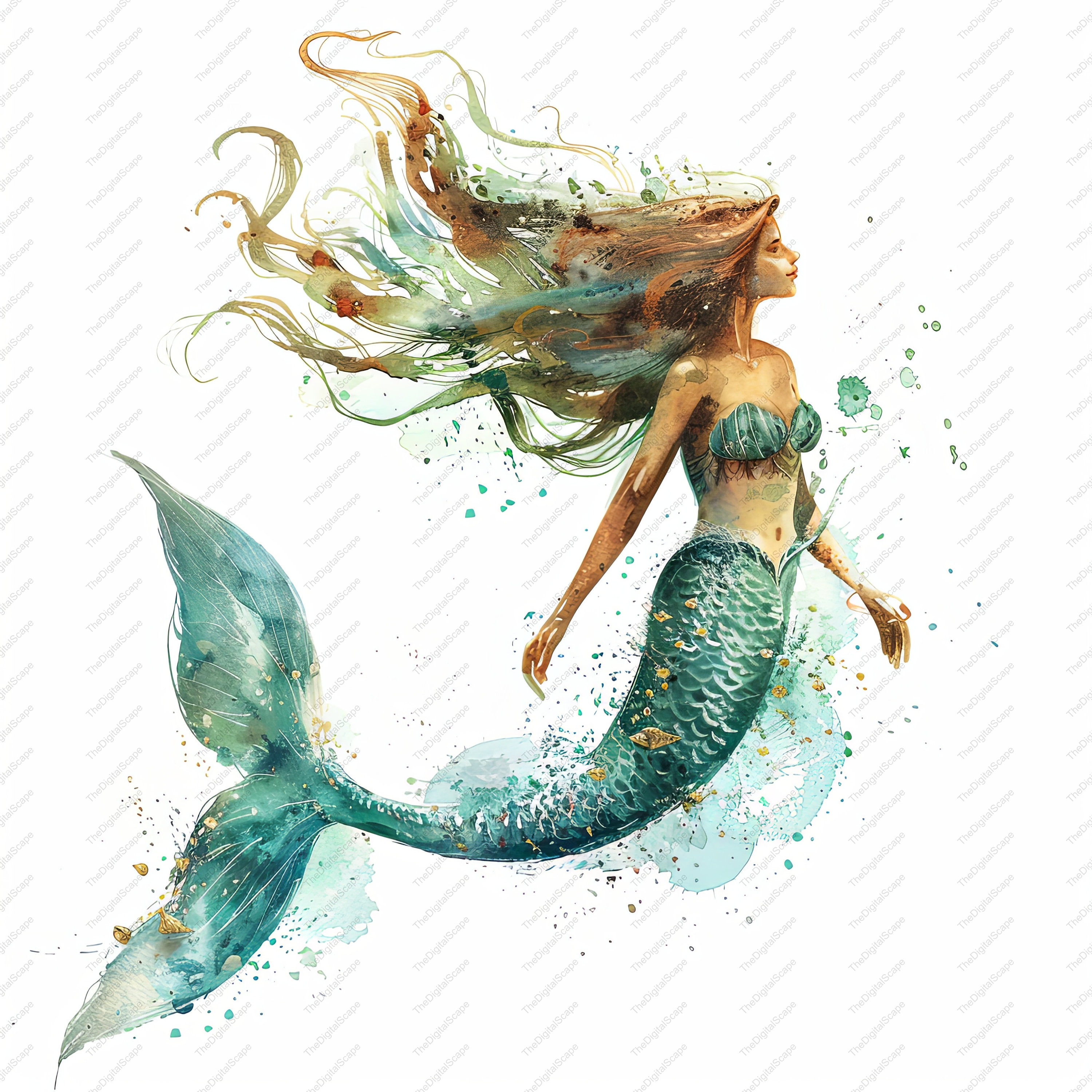 人魚の水彩画クリップアート – 高品質JPG、商用利用可能（デジタル