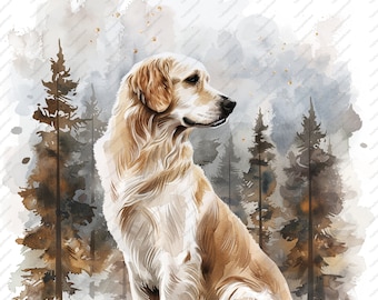 May include: A golden retriever dog sitting in a watercolor forest scene. The dog is looking to the right of the image. The background is a soft watercolor wash of brown, gray, and white.