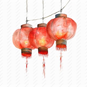 May include: Three red Chinese lanterns hanging from a string. The lanterns are made of paper and have a traditional design. They are lit from within, creating a warm glow.