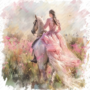 Donna che cavalca cavallo attraverso il prato Clipart - 10 JPG di alta qualità, album di ritagli, artigianato digitale, pianificatori digitali, diario spazzatura, download istantaneo