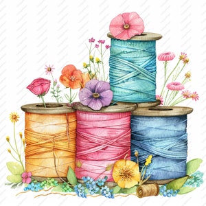 Peut inclure: Quatre bobines de fil de différentes couleurs, dont le jaune, le rose, le bleu et le turquoise, sont empilées les unes sur les autres. Les bobines sont entourées de fleurs d'aquarelle dans des tons de rose, violet, jaune et orange.