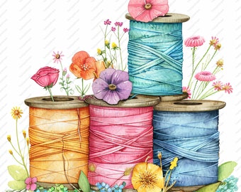 May include: Four spools of thread in various colors, including yellow, pink, blue, and turquoise, are stacked on top of each other. The spools are surrounded by watercolor flowers in shades of pink, purple, yellow, and orange.