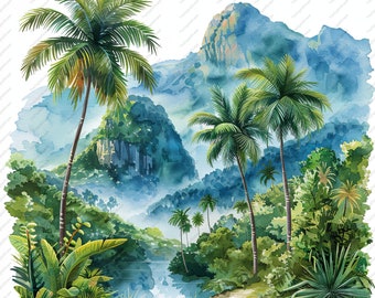 May include: A watercolor painting of a tropical jungle scene with lush green foliage, palm trees, and a misty mountain range in the background. A small river flows through the jungle, creating a serene and tranquil atmosphere.